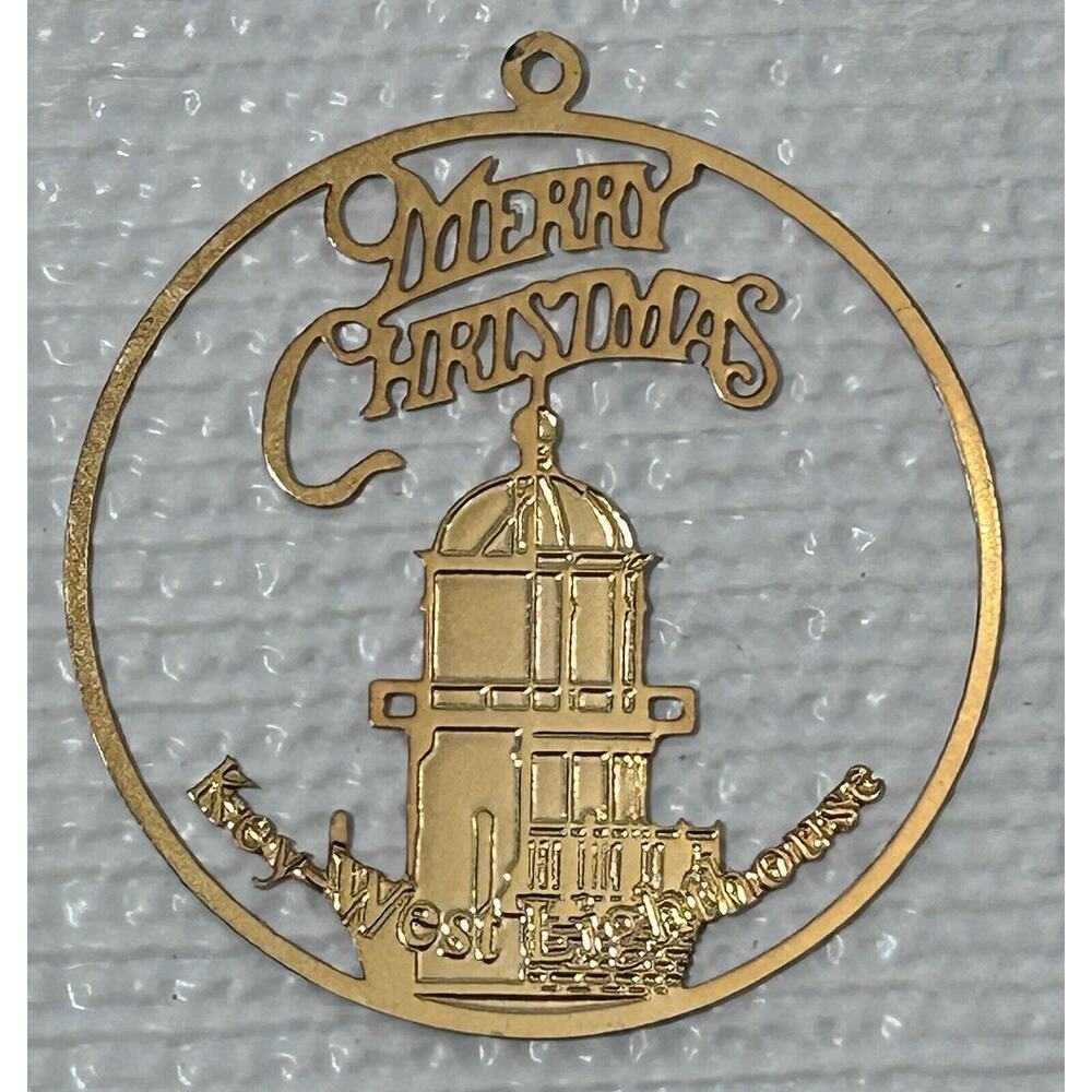 2” Merry Christmas Key West Lighthouse Gold Tone Christmas Tree Ornament Vintage